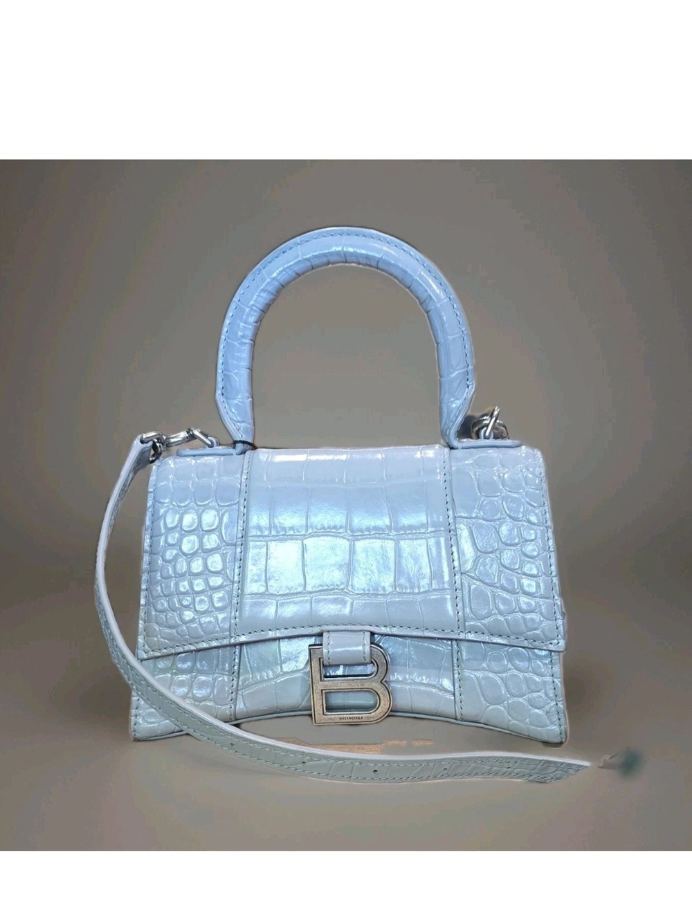 Balenciaga Hourglass Mini Croc-Embossed Top Handle Bag in Light Blue